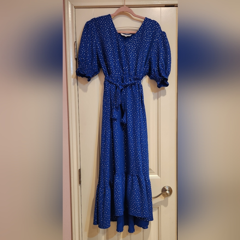 Blue Polka Dot Dress with Puff Sleeves